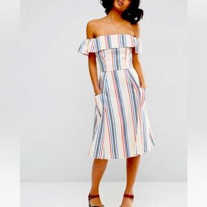 Asos sweet off the shoulder awning stripe midi dress with pockets - sz 2